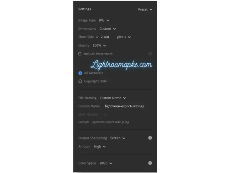 best export settings of Instagram in Lightroom app